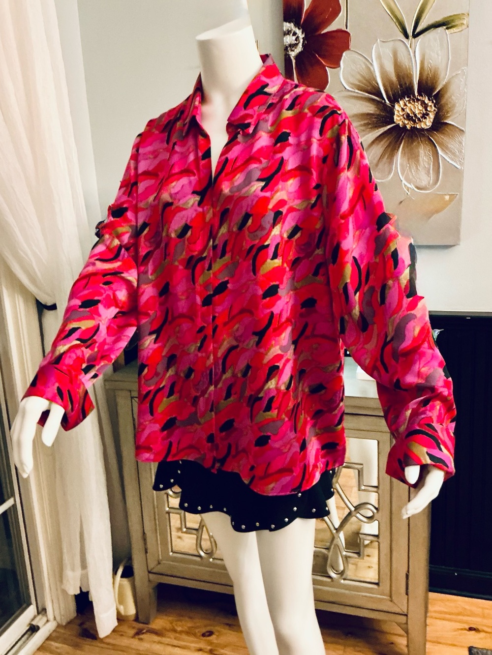 NIC+ZOE Silky Fuchsia Pink Boho Flowy Relaxed Button Blouse Casual Career SZ 1X